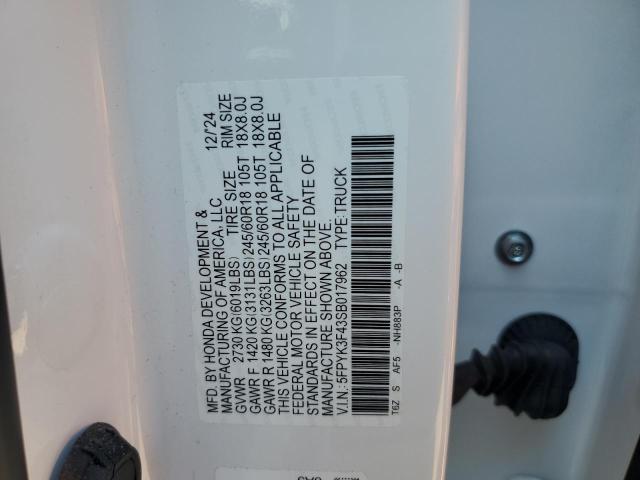 5FPYK3F43SB017962 - 2025 HONDA RIDGELINE RTL თეთრი ფოტო 13