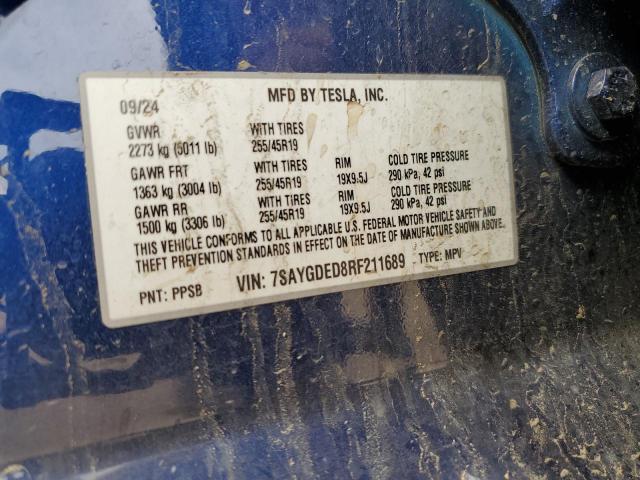 7SAYGDED8RF211689 - 2024 TESLA MODEL Y BLUE photo 12