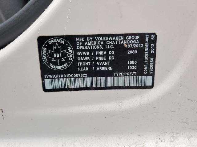 1VWAH7A31DC007622 - 2013 VOLKSWAGEN PASSAT S Ақ фото 13