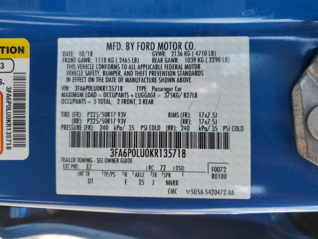 3FA6P0LU0KR135718 - 2019 FORD FUSION SE Կապույտ լուսանկար 13