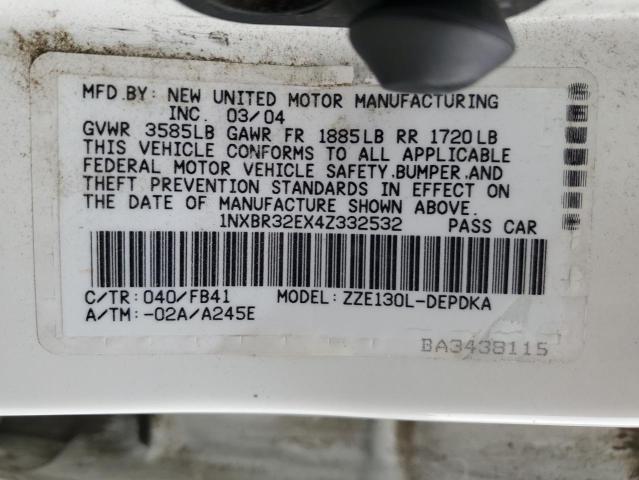 1NXBR32EX4Z332532 - 2004 TOYOTA COROLLA CE WHITE photo 12