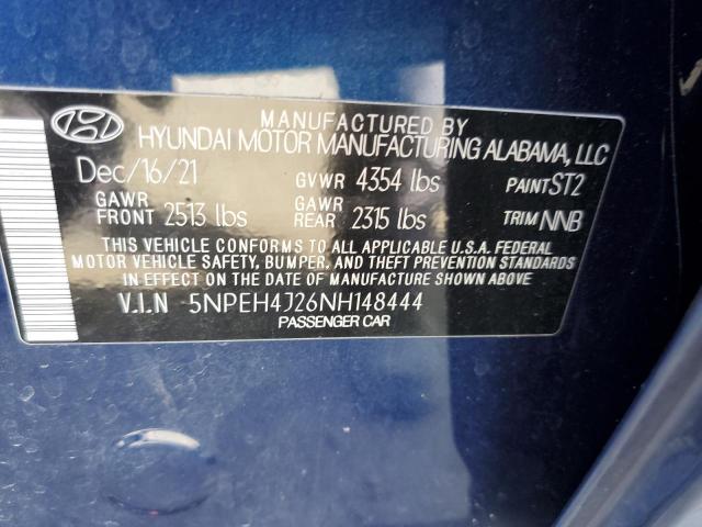 5NPEH4J26NH148444 - 2022 HYUNDAI SONATA LIMITED BLUE photo 12