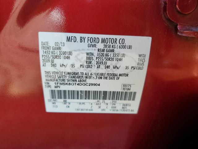 1FM5K8GT4DGC29904 - 2013 FORD EXPLORER SPORT 勃艮第红 照片 13