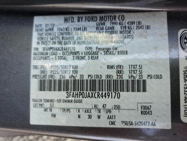 3FAHP0JAXCR449170 - 2012 FORD FUSION SEL 银色 照片 12