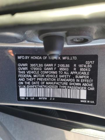 SHHFK7H47HU420029 - 2017 HONDA CIVIC SPORT CHARCOAL photo 12