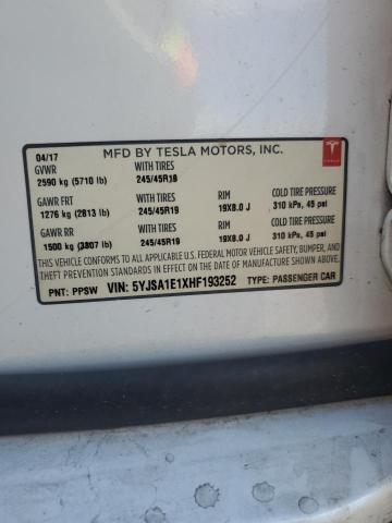5YJSA1E1XHF193252 - 2017 TESLA MODEL S WHITE photo 13