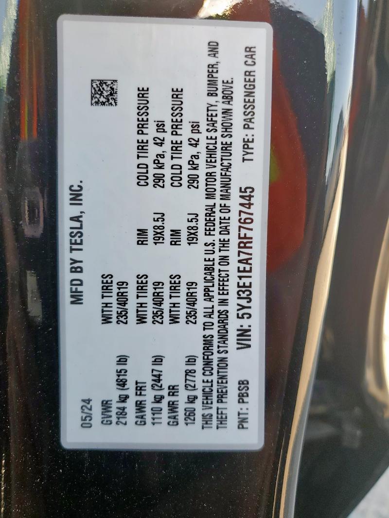 5YJ3E1EA7RF767445 - 2024 TESLA MODEL 3 Սև լուսանկար 12