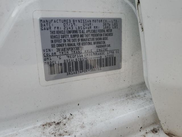 3N1AB7AP0KY388751 - 2019 NISSAN SENTRA S WHITE photo 12