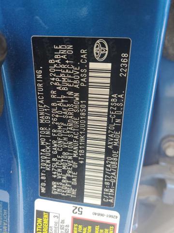 4T1B11HK1JU018501 - 2018 TOYOTA CAMRY L BLUE photo 12