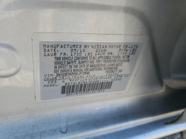 3N1CN7AP2KL817840 - 2019 NISSAN VERSA S ვერცხლისფერი ფოტო 12