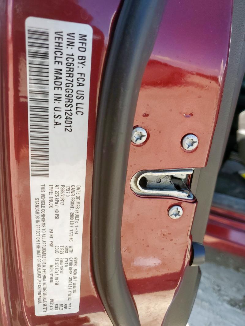 1C6RR7GG9RS124012 - 2024 RAM 1500 CLASSIC SLT Burgund zdjęcie 12