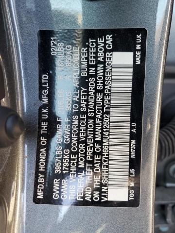 SHHFK7H66MU412502 - 2021 HONDA CIVIC EX GRAY photo 12