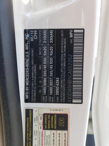 4JGDA5HB5CA052252 - 2012 MERCEDES-BENZ ML 350 4MATIC WHITE photo 13