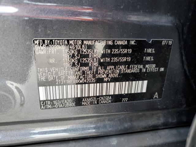 2T3Y1RFVXKW042035 - 2019 TOYOTA RAV4 LIMITED Szary zdjęcie 13