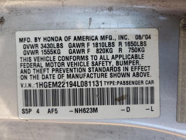 1HGEM22194L081131 - 2004 HONDA CIVIC DX VP SILVER photo 12