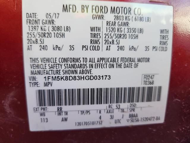 1FM5K8D83HGD03173 - 2017 FORD EXPLORER XLT RED photo 13
