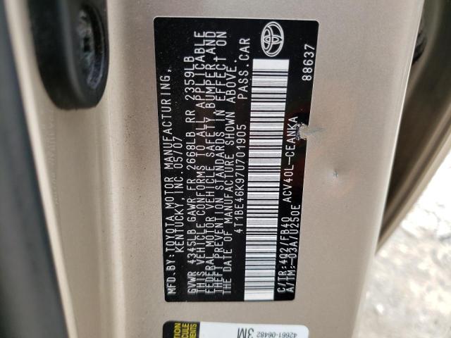 4T1BE46K97U701905 - 2007 TOYOTA CAMRY CE TAN photo 12