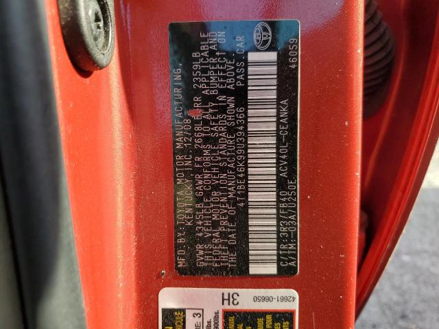 4T1BE46K99U394366 - 2009 TOYOTA CAMRY BASE 红色 照片 12