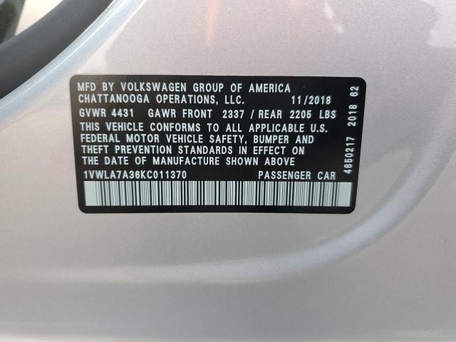 1VWLA7A36KC011370 - 2019 VOLKSWAGEN PASSAT WOLFSBURG GRAY photo 12