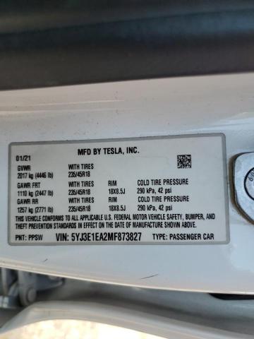 5YJ3E1EA2MF873827 - 2021 TESLA MODEL 3 Ağ foto 13