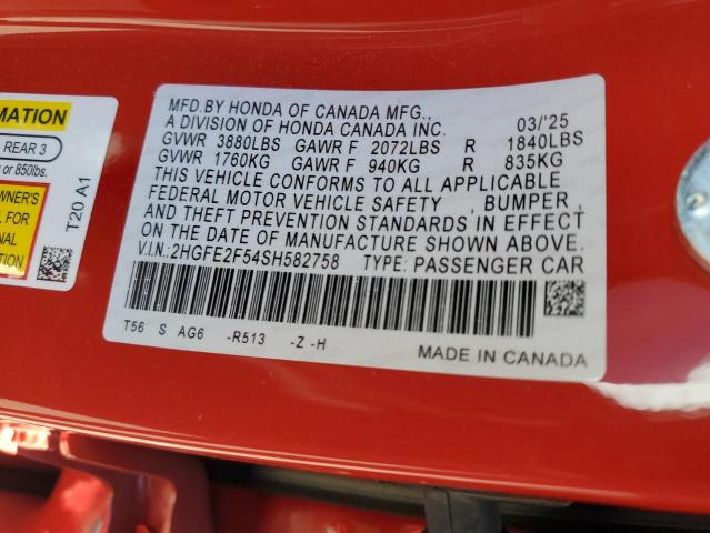 2HGFE2F54SH582758 - 2025 HONDA CIVIC SPORT RED photo 12