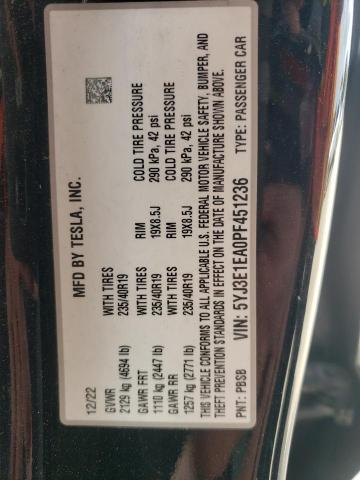 5YJ3E1EA0PF451236 - 2023 TESLA MODEL 3 Чорний фото 12
