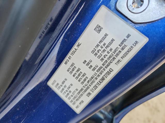 5YJ3E1EA3NF370843 - 2022 TESLA MODEL 3 BLUE photo 12