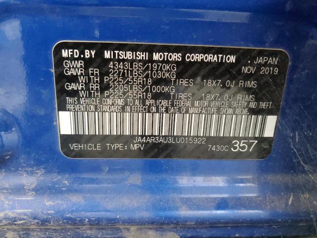 JA4AR3AU3LU015922 - 2020 MITSUBISHI OUTLANDER ES BLUE photo 12