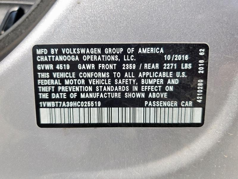 1VWBT7A39HC025519 - 2017 VOLKSWAGEN PASSAT SE ვერცხლისფერი ფოტო 12