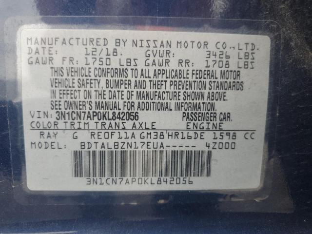 3N1CN7AP0KL842056 - 2019 NISSAN VERSA S 蓝色 照片 13