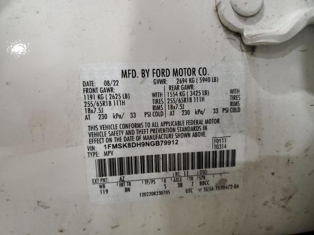 1FMSK8DH9NGB79912 - 2022 FORD EXPLORER XLT თეთრი ფოტო 14