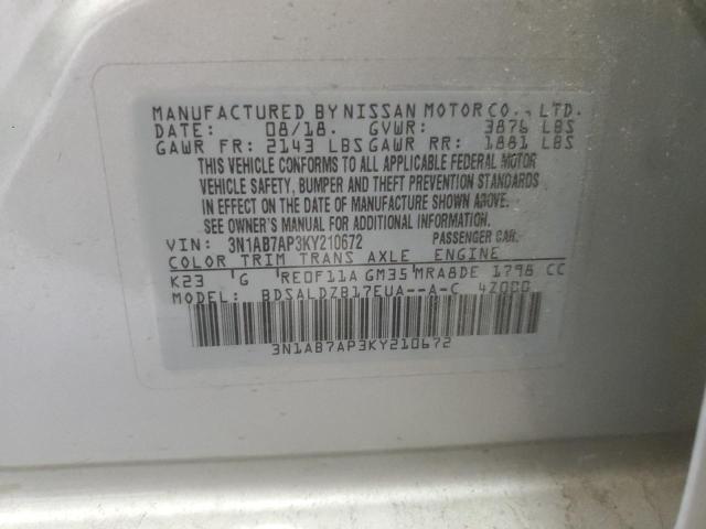 3N1AB7AP3KY210672 - 2019 NISSAN SENTRA S 银色 照片 13