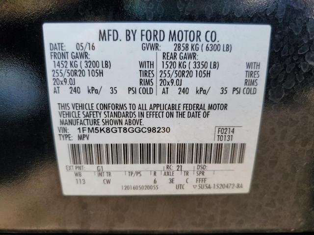 1FM5K8GT8GGC98230 - 2016 FORD EXPLORER SPORT BLACK photo 13