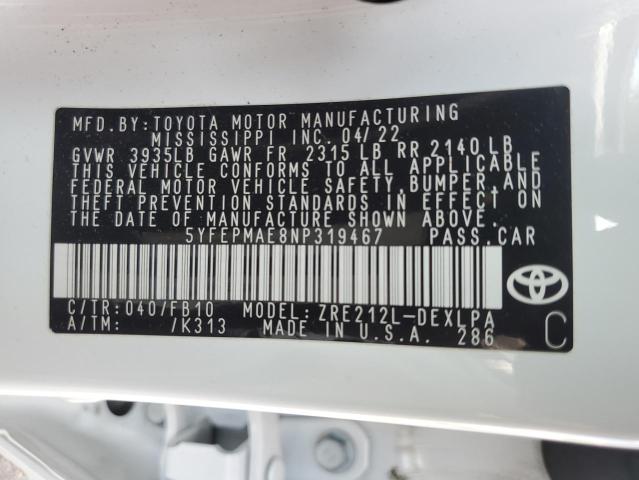 5YFEPMAE8NP319467 - 2022 TOYOTA COROLLA LE WHITE photo 12