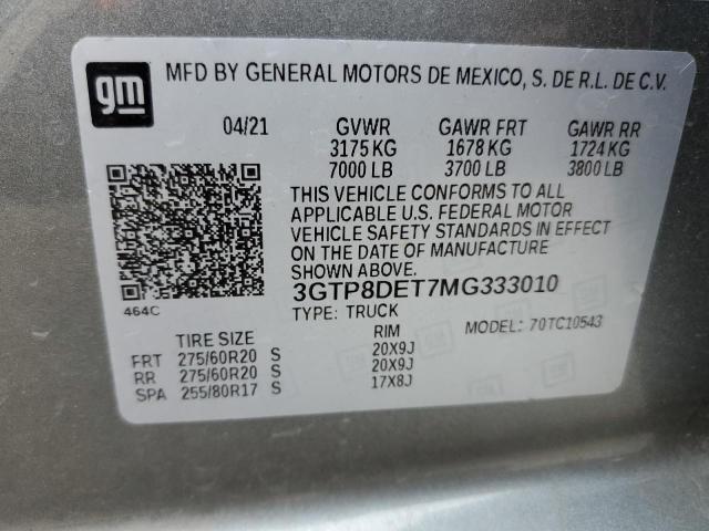 3GTP8DET7MG333010 - 2021 GMC SIERRA C1500 SLT GRAY photo 12