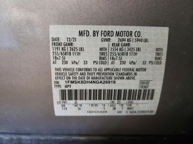 1FMSK8DH4NGA26919 - 2022 FORD EXPLORER XLT SILVER photo 14