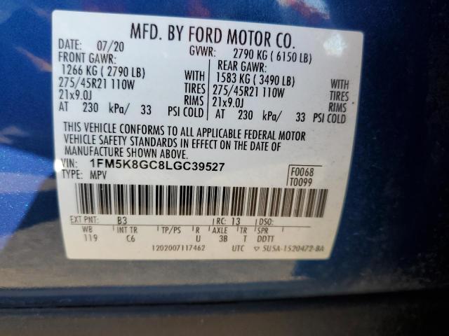 1FM5K8GC8LGC39527 - 2020 FORD EXPLORER ST BLUE photo 13