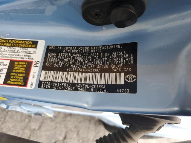 4T1BF1FK1CU621987 - 2012 TOYOTA CAMRY BASE BLUE photo 12