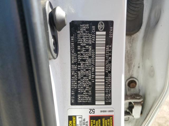 4T1B11HK7JU039031 - 2018 TOYOTA CAMRY L WHITE photo 12