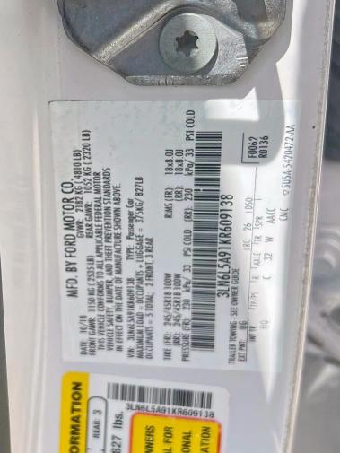 3LN6L5A91KR609138 - 2019 LINCOLN MKZ WHITE photo 10