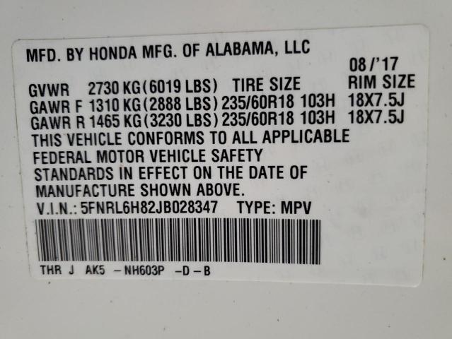 5FNRL6H82JB028347 - 2018 HONDA ODYSSEY TOURING Ақ фото 13