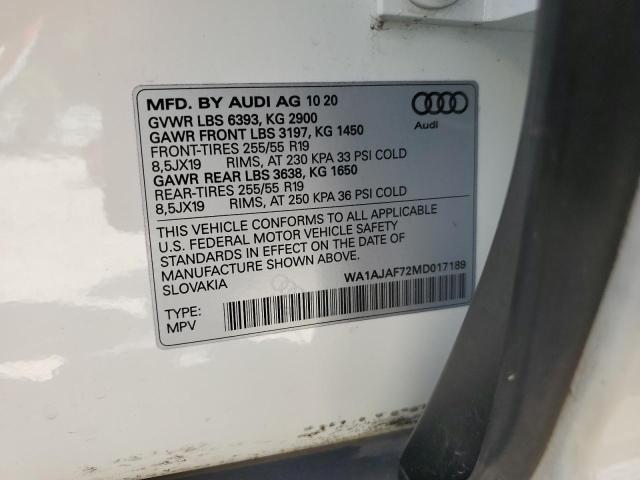 WA1AJAF72MD017189 - 2021 AUDI Q7 PREMIUM WHITE photo 13
