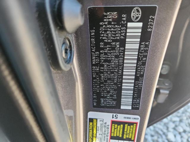4T1C11AK4LU883478 - 2020 TOYOTA CAMRY LE GRAY photo 12