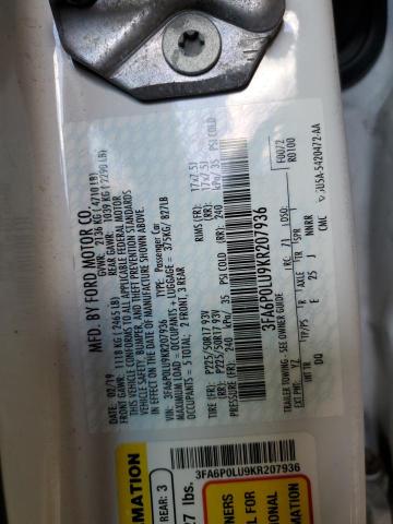 3FA6P0LU9KR207936 - 2019 FORD FUSION SE თეთრი ფოტო 12