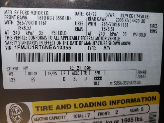 1FMJU1RT6NEA10355 - 2022 FORD EXPEDITION TIMBERLINE CHARCOAL photo 14