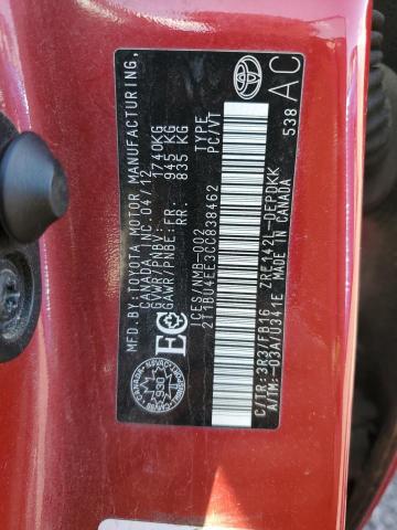 2T1BU4EE3CC838462 - 2012 TOYOTA COROLLA BASE RED photo 12