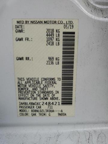 1N4BL4BW1KC248421 - 2019 NISSAN ALTIMA S WHITE photo 13