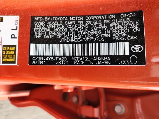 JTND4MBE4P3202706 - 2023 TOYOTA COROLLA SE Помаранчевий фото 12