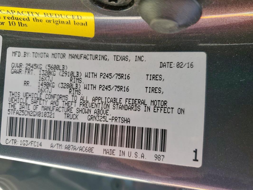 5TFAZ5CN2GX010321 - 2016 TOYOTA TACOMA DOUBLE CAB GRAY photo 12