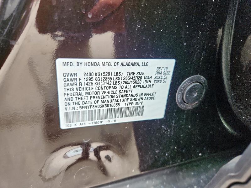 5FNYF8H05KB016655 - 2019 HONDA PASSPORT ELITE Черный фото 12